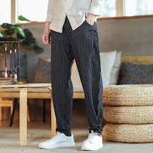 Ikkb Yeni Moda Rahat Gevşek Erkek Çizgili Toka Küçük Ayak Pantolon Siyah