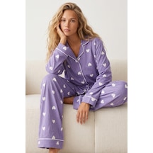 Siyah İnci Düğmeli Biyeli Oversize Pamuklu Örme Pijama Takım 8071 Lila Ekru