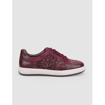 %100 Hakiki Deri Bordo Bağcıklı Kadın Sneaker Bordo