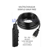 Kauçuk 4'lü 50 Metre Topraklı Grup Priz - 3x2.5 Ttr Tam Bakır Kalın Siyah Kablo 50 Metre
