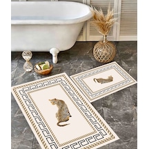 Leopar Desen Banyo Paspası, Kaymaz Taban, Yıkanabilir Paspas, Krem