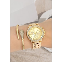 Dekoratif Kadran Taşlı Tasarım Metal Kordon Gold Kadın Kol Saati