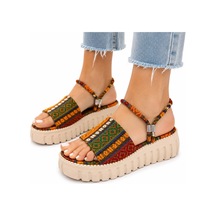 Papucumun Dünyası Kadıın Etnik Kilim Desenli Açık Burun Dolgu Taban Günlük Ve Yazlık Sandalet Karışık