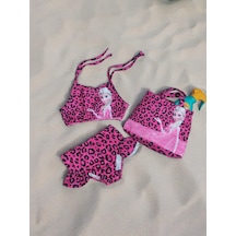 Pembe Kız Çocuk Leopar Desenli Plaj Çantalı Bikini