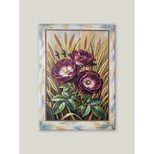 Ahşap Eskitme Çerçeve Desenli Başak Ve Bordo Çiçek Detaylı Dekoratif Ahşap Tablo 52x72 Cm