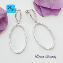 Oval Sallantılı Zirkon Taşlı Küpe Gümüş