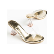 Alemdarshop S-619 Gold Cilt Şeffaf Bantlı Şeffaf Topuklu Yuvarlak Burunlu Kadın Terlik