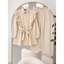 Lovie Moda Kadın Fırfır Detaylı Kol Büzgülü Pantolonlu Tesettür Takım Bej