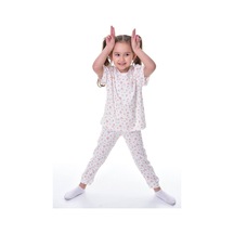 Kız Çocuk Yazlık Pamuklu Pijama Takımı Çiçek Desenli, Kısa Kollu, Konforlu Kırık Beyaz