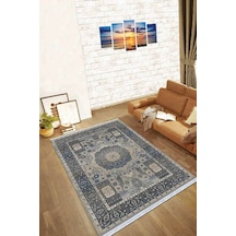 Gri Çerçeveli Dokuma Pamuk Tabanlı Kaymaz Kilim Klm202n11