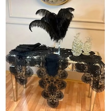 5 Parça Siyah Çeyizlik Palmiye Model Keten Runner Seti Masa Örtüsü Salon Takımı