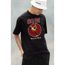 Ac Dc Back In Black Baskılı Unisex Oversize Rock Metal Tişört Siyah