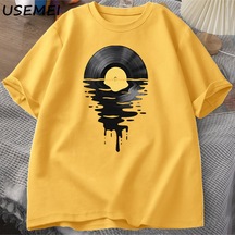 Flood Of Style Vinil Kayıt T Shirt Vinil Serin Sunset Vintage Müzik Lover Tee Tshirt Dj Müzik Öğretmen Tshir Sarı