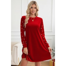 Defymoda Kadın A Form Uzun Kollu İnci Detaylı Kadife Elbise Kırmızı
