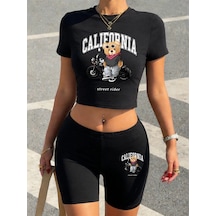 Tarzsokak Yaz Kaliforniya Motosiklet Ayı Baskılı Kırpma T-shirt Şort Kadın İki Parçalı Set Üstleri Pant Siyah