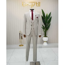 Bys Beystil Sivri Yaka Krem Takım Elbise Muline - Slim Fit
