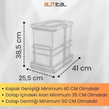 Cassone 24, Dolap İçi Teleskopik Raylı Antrasit Çöp Kovası 24 Litre, Minimum Kapak Genişliği 40 Cm.