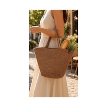 Nakkaş Home Collection Jüt Kadın Çanta Hasır Görünümlü Omuz Çantası, Plaj Ve Günlük Kullanım-kahverengi-40x27 Cm