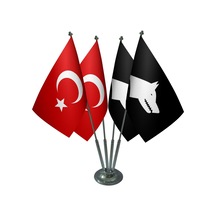 Masa Üstü Siyah Göktürk Bayrağı Türk Bayrağı Dörtlü Krom Direk Ma