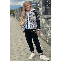 Riccotarz Kız Çocuk V Cool Yazı Baskılı Sweatshirt Zebra Ve Gold Şerit Detaylı Deri Eşofman Takım Gold