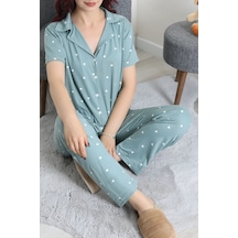 Modi Milan Kumaş Düğmeli Pijama Takımı Koyumint - 750.1287. Açık Bej - Siyah
