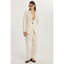Tudors Kadın Slim Fit Uzun Kollu Mono Yaka Düğmeli Ekru Ceket Pantolonlu Takım-34150 Ekru