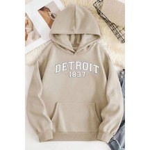 Medinenur Detroit Baskılı Kapüşonlu Sweatshirt Bej