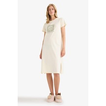 Defacto Regular Fit Bisiklet Yaka Baskılı Kısa Kollu Gecelik-fall İn Love F7566ax25auer103 Ekru