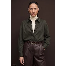 Sateen Çıt Çıt Detaylı Süet Gömlek Haki