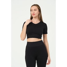 Kadın V Yaka Kısa Kollu Dikişsiz Esnek T-shirt Crop Top Siyah-l Altın - Beyaz