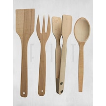 Gürgen Set Ahşap Tahta Kaşık Çatal Spatula Maşa 4'lü Set Yemek Servis Seti Mutfak Seti
