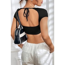 Alfa Aksesuar 03 Kadın Siyah Sırt Dekolteli Ve Boyundan Bağlamalı Yarım Kol Crop Top Bluz