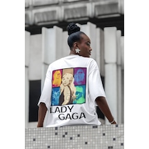 Sevbano Tasarım Lady Gaga Sırt Baskılı Unisex Oversize Şarkıcı Tişört Beyaz