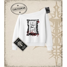 Tarzsokak Gotik & Grunge Streetwear Fake Flex Kayık Yaka Sweatshirt Beyaz