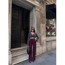 Butik Kadın Örme Kumaş Bordo Cırtlı Palazzo Pantolon Bordo