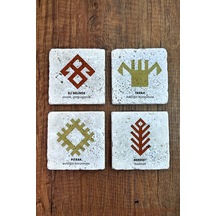 Doğal Taş Bardak Altlığı 4'lü Set 10x10x1 Cm Anadolu Motifleri Stone Coasters Çok Renkli