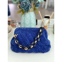 El Yapımı Gece Mavisi Yün Örgü El Çantası Mavi