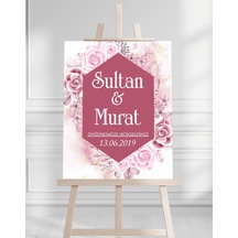 Söz Nişan Düğün İçin 50x70 Karşılama Panosu - Pembe Gül Desenli Beyaz