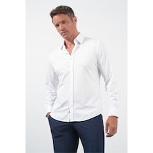 İmza Beyaz Tulum Yaka Uzun Kol Cepsiz Örme Slim Fit Pamuklu Gömlek 1004260208