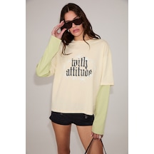 Grımelange Rıvossa Kadın Taş Baskılı Uzun Kollu Bej-yeşil T-shirt