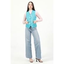 Dericlub Vittoria Kadın Düğmeli Slim Fit Hakiki Deri Yelek Turkuaz