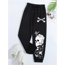 Halloween Skull Print Drawstring Waist 4 Mevsim Eşofman Siyah
