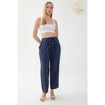 Vitrin %100 Keten Beli Lastikli Cepli Geniş Paça Pantolon Lacivert