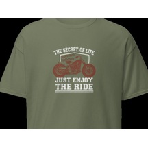 Wildstyle Just Enjoy The Ride Motosiklet Vintage Özgürlük Baskılı Unisex Bisiklet Yaka Pamuklu Tişört - Haki