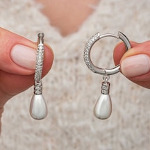 Gümüş Zirkon Taşlı Sallantılı Damla İnci Küpe Gümüş