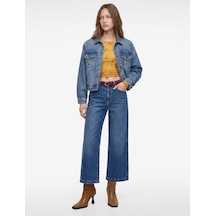 Koton Kemerli Cepli Normal Bel Pamuklu Kısa Geniş Paça Denim Pantolon - Crop Wide Leg Jeans Koyu İndigo 7wal40249md