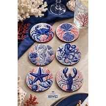Marin Deniz Temalı Bardak Altlığı 6 Lı Set Yengeç Ahtapot Denizatı 9 Cm Mdf Beyaz