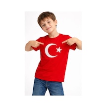 Erkek Çocuk Tişört Bisiklet Yaka Ay Yıldız Bayrak Baskılı T-shirt - Kırmızı Kirmizi