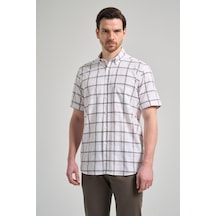İmza Kısa Kol Ekose Desen Armürlü Düğmeli Yaka Cepli Pamuklu Classic Comfort Fit Gömlek 1004250166 Tebeşir Beyaz