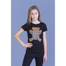 Toontoy Kids Toontoy Kız Çocuk Ayıcık Baskılı Tişört Siyah